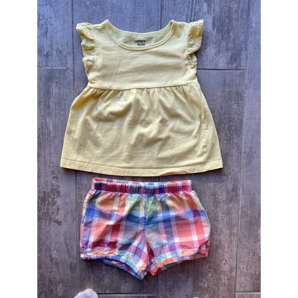 Toddler Girl 2 Piece Outfit Set Eyelet Top Sleeveless Babydoll & Plaid Shorts 3T